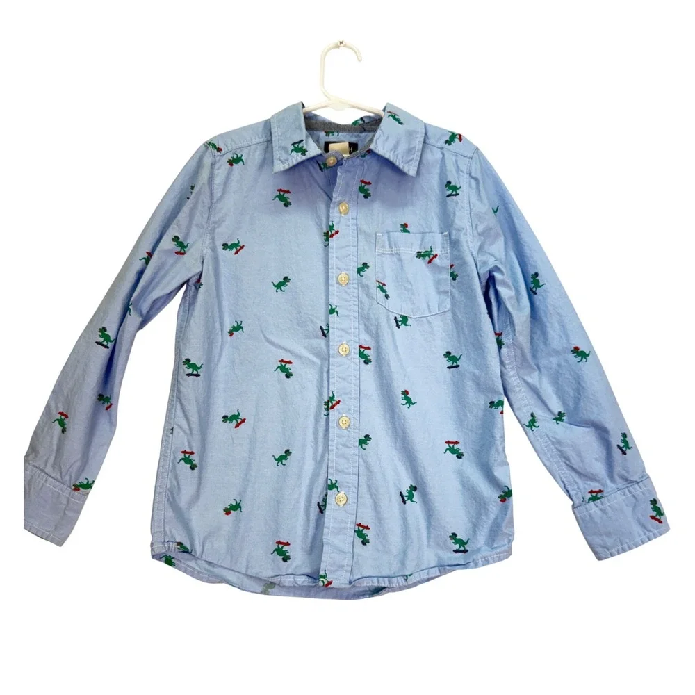 OshKosh Button Down Shirt Kids‎ Size 8 Blue Dinosaur Skateboard Long Sleeve